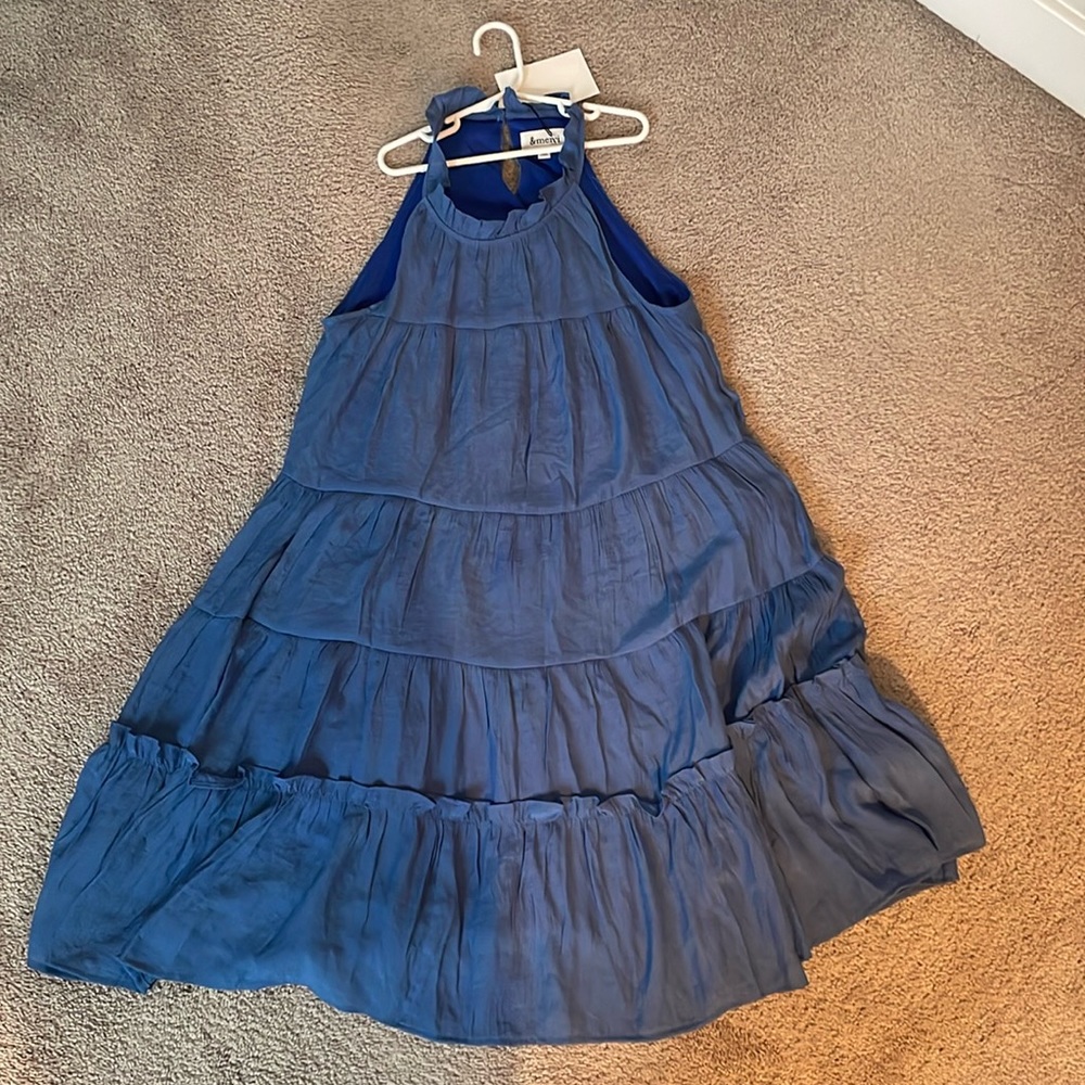 &merci blue high neck ruffle dress